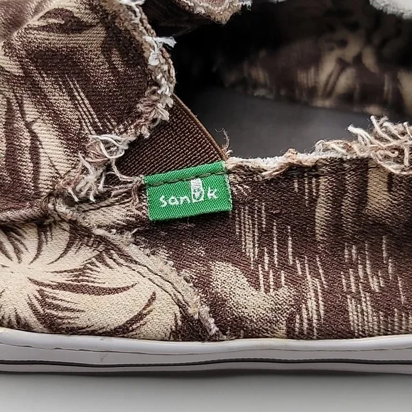 SANUK Sidewalk Surfers Shoes Men's Sz 9 Brown Frayed Palms Canvas Slip-On Beachy - Picture 8 of 10